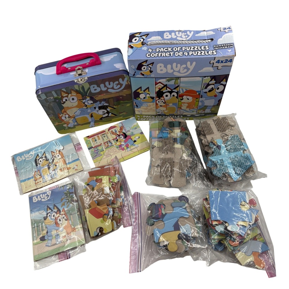 Bluey Heeler Puzzle Lot Metal Tin Lunch Box +3 Mini Puzzles+ 5-12x12 Puzzles EUC
